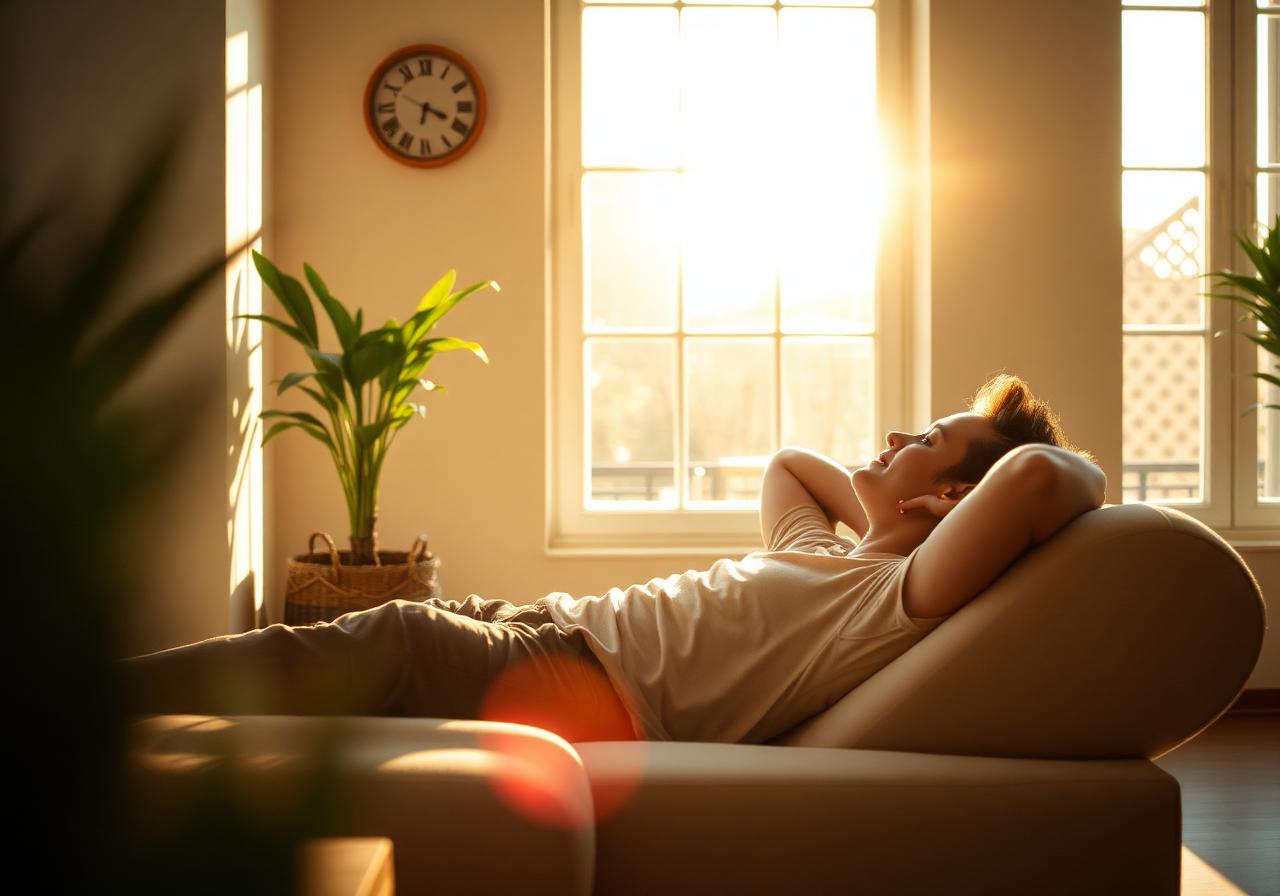 Person relaxing in warm sunlight indoors